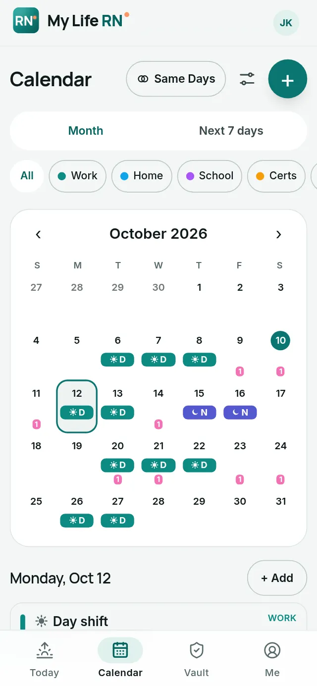 Calendar: a month of day and night shifts, with coworkers who work the same days