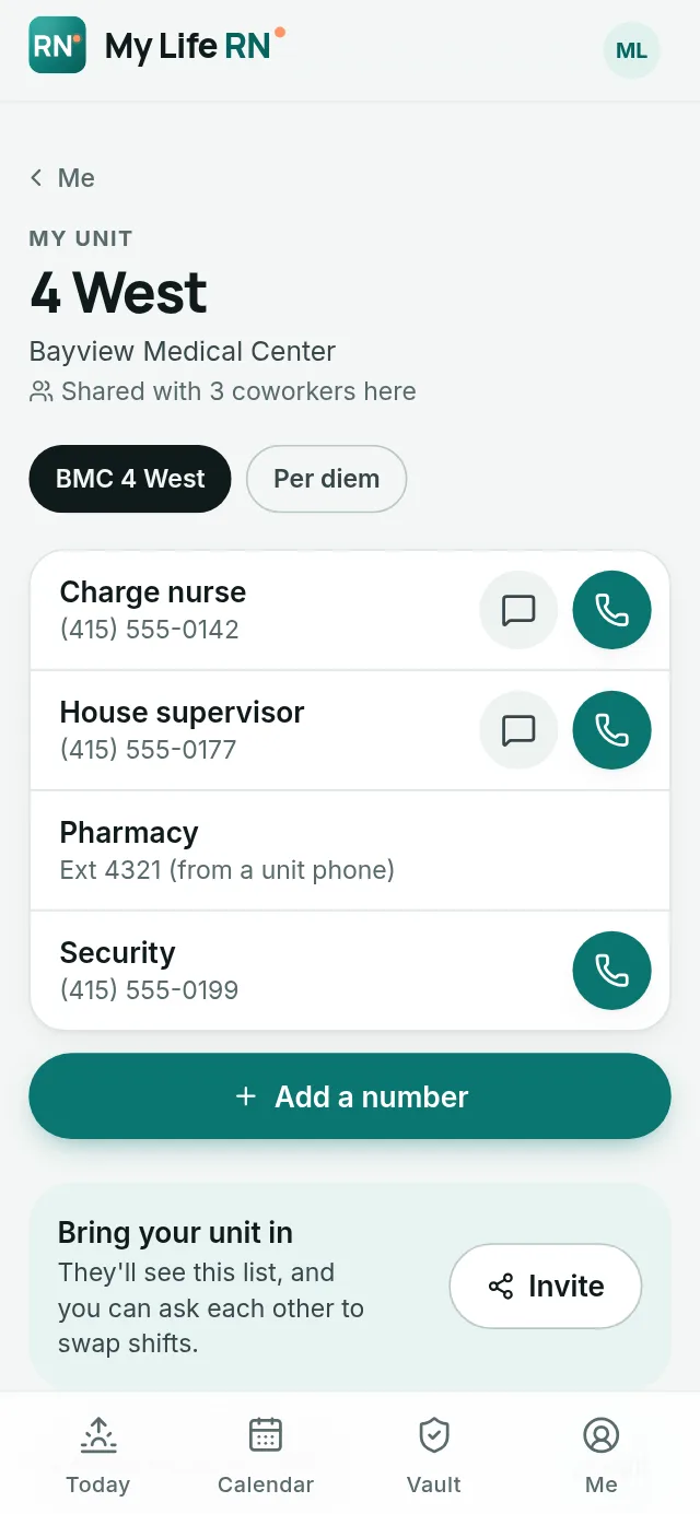 My Unit: the charge nurse, house supervisor, pharmacy and security numbers with one-tap call and text