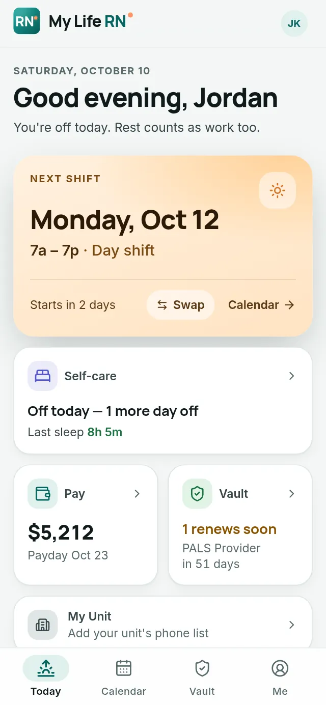 Today screen: next shift, self-care countdown, paycheck estimate and the next certification to renew